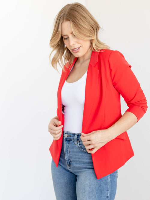bold red ruched sleeve blazer