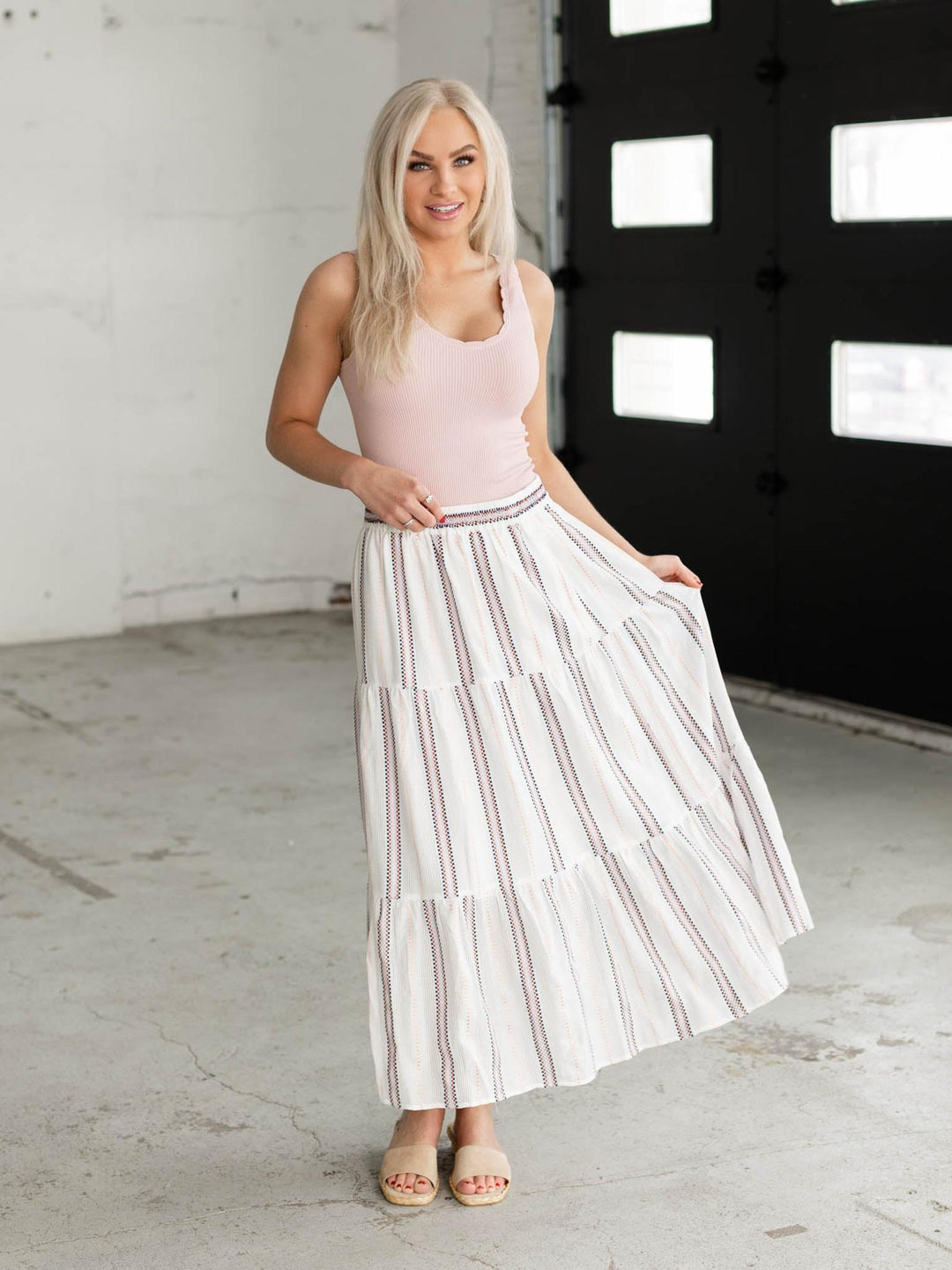 tiered skirt with striped pattern