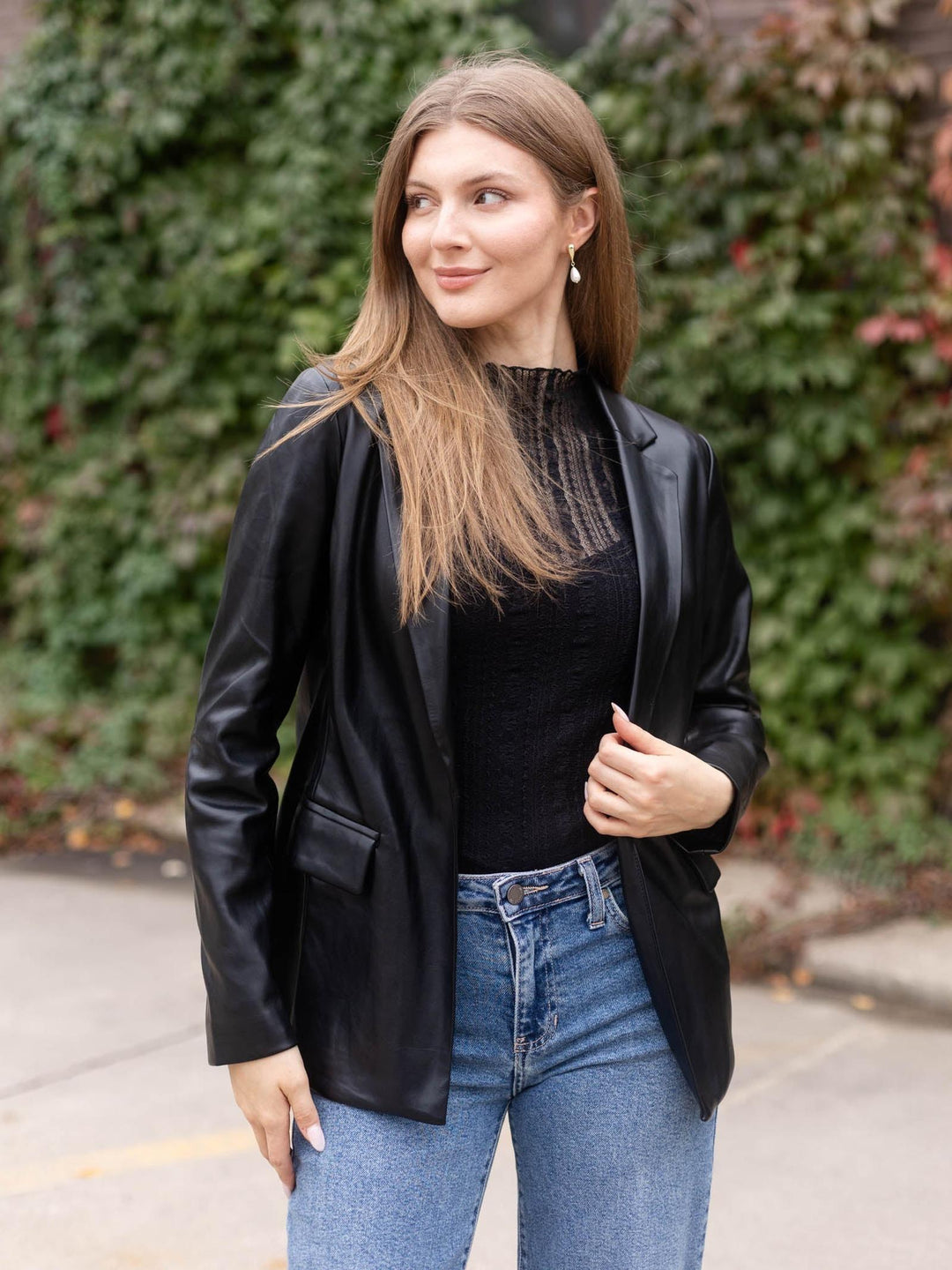 Skies Are Blue The Faux Leather Open Blazer