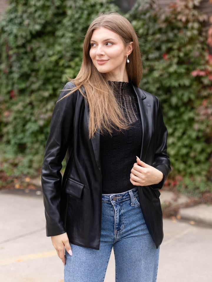 Skies Are Blue The Faux Leather Open Blazer