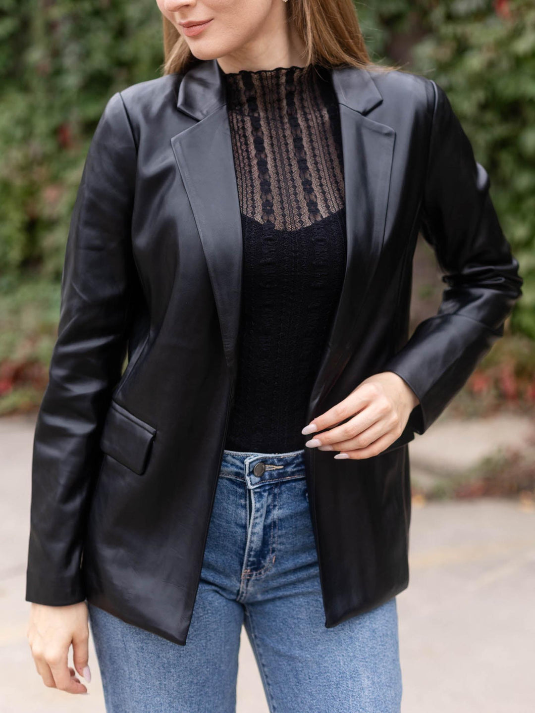 Skies Are Blue The Faux Leather Open Blazer