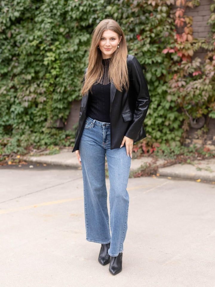 Skies Are Blue The Faux Leather Open Blazer