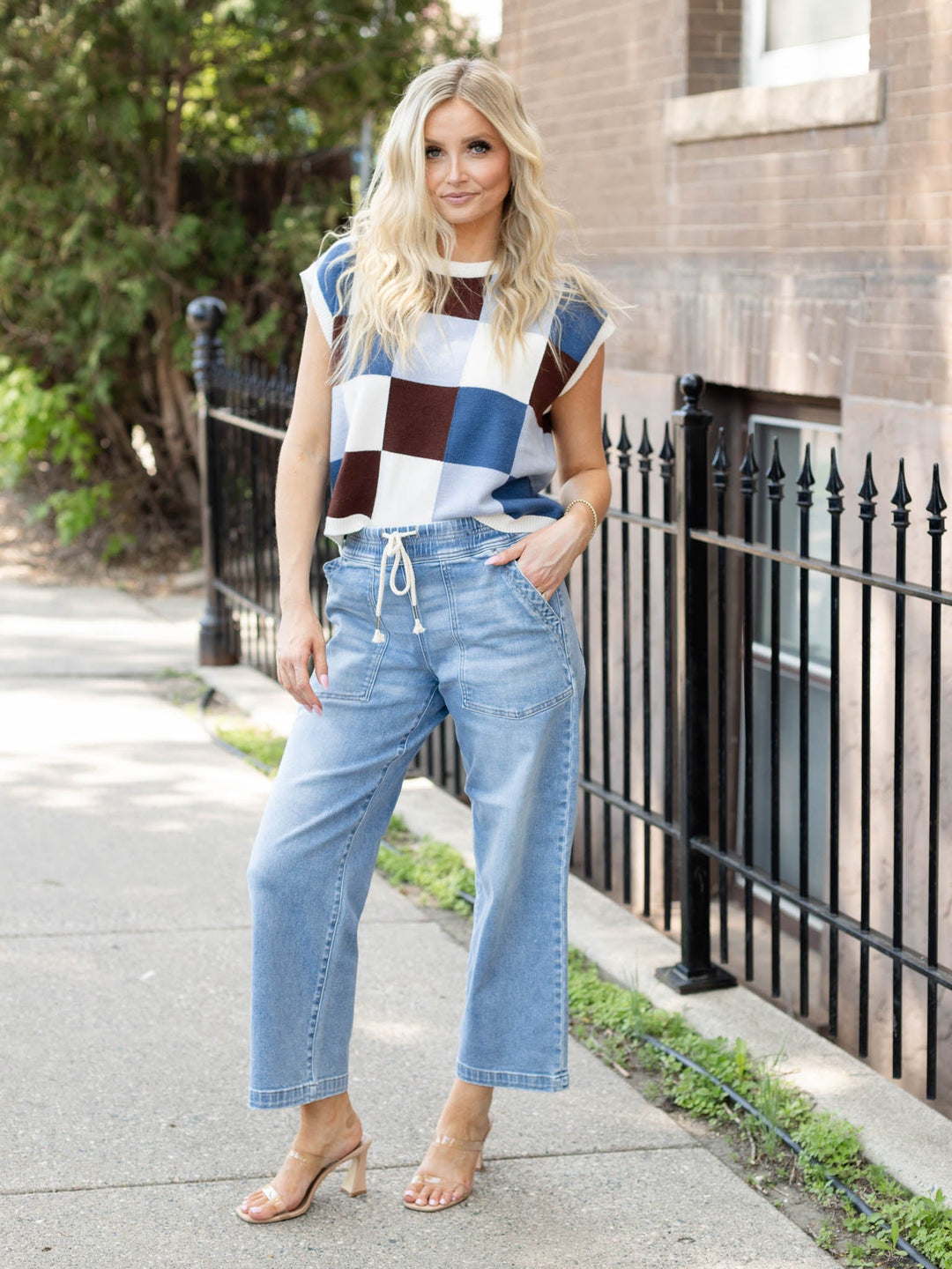 sleeveless checker print top