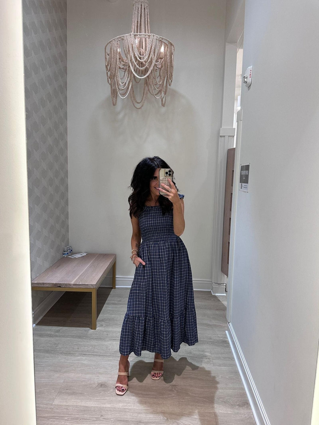 ruffle detail check midi dress