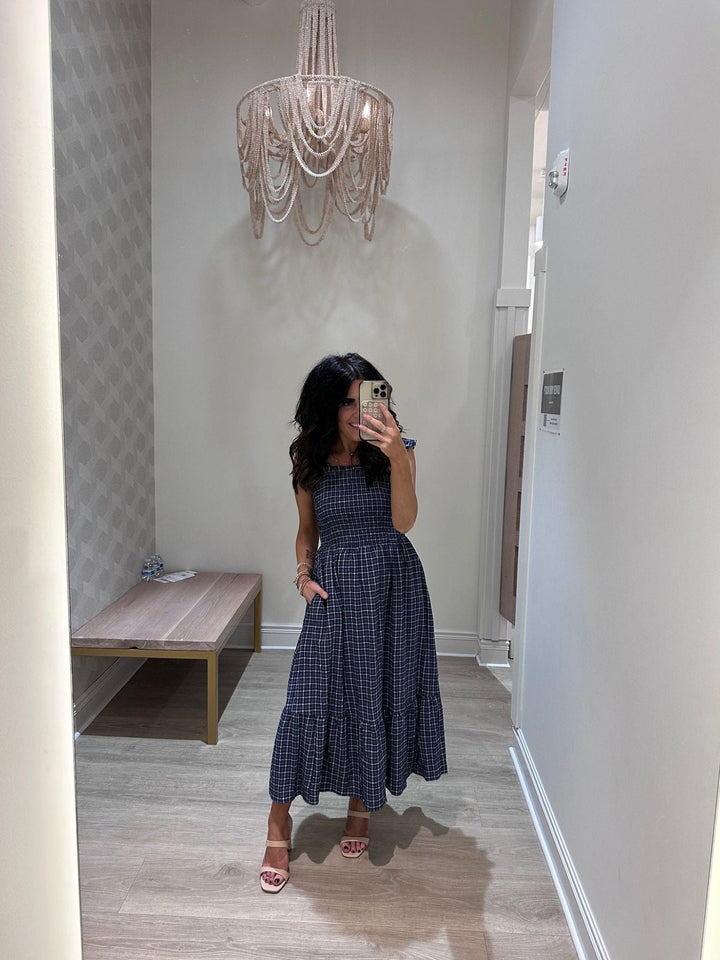 ruffle detail check midi dress