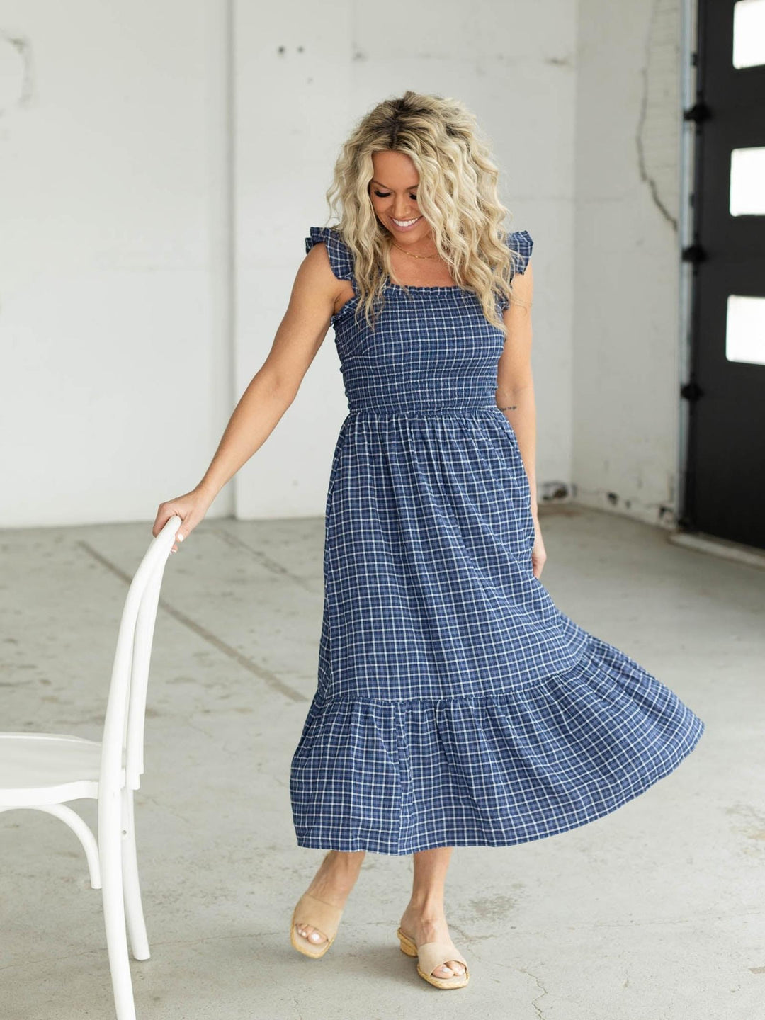 Sleeveless Ruffle Strap Woven Check Midi Dress