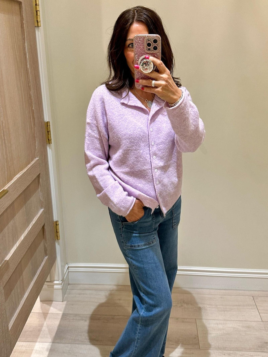 soft purple cardigan