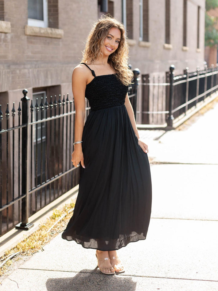Smocked Cord Strap Detail Maxi Dress