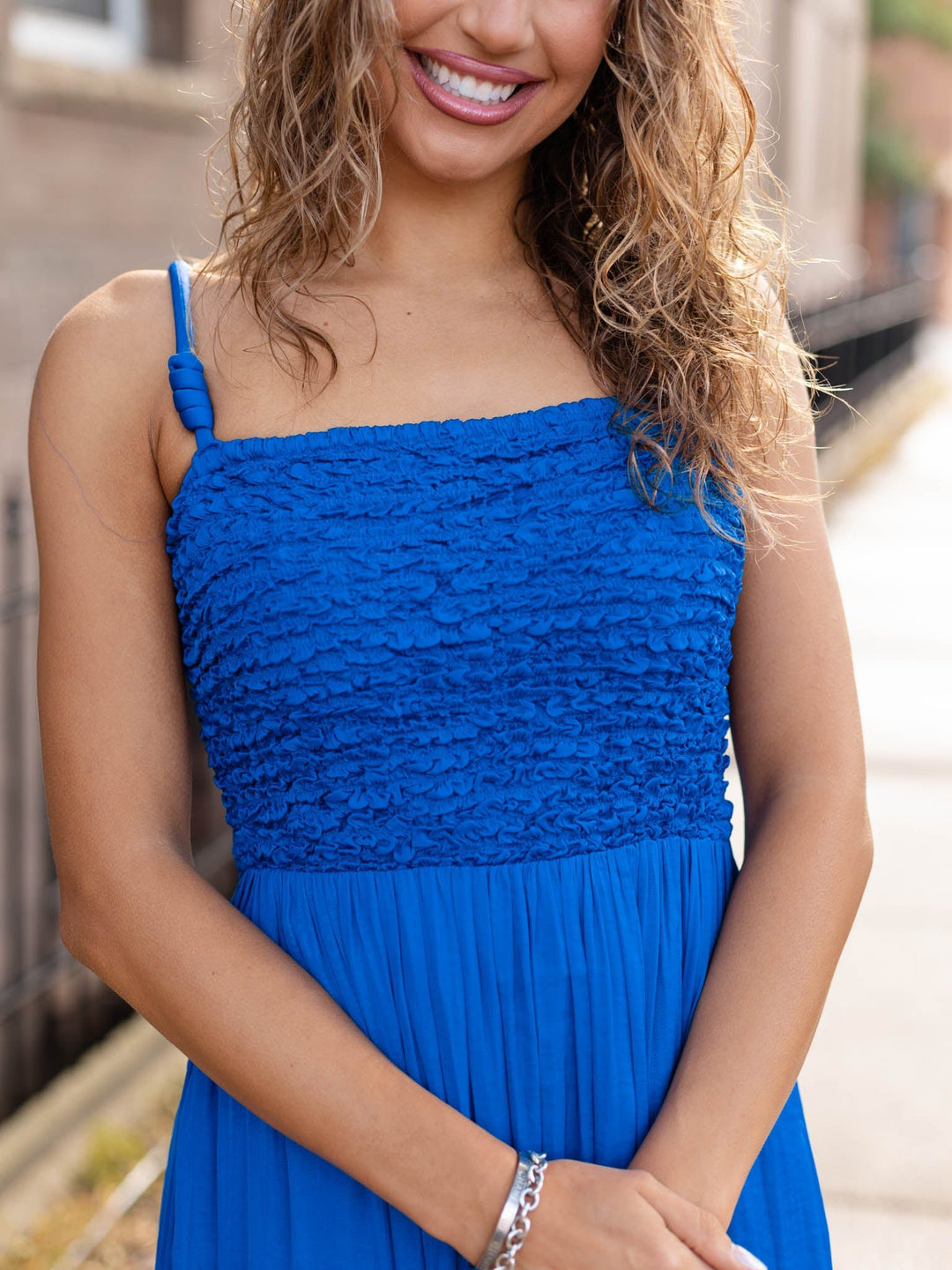 Smocked Cord Strap Detail Maxi Dress