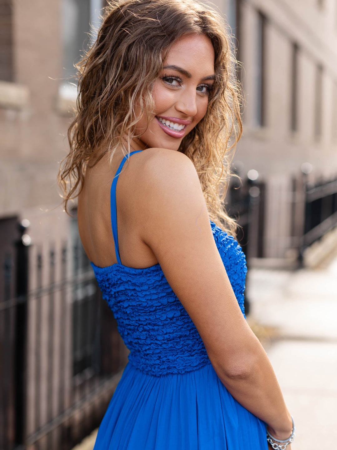 Smocked Cord Strap Detail Maxi Dress