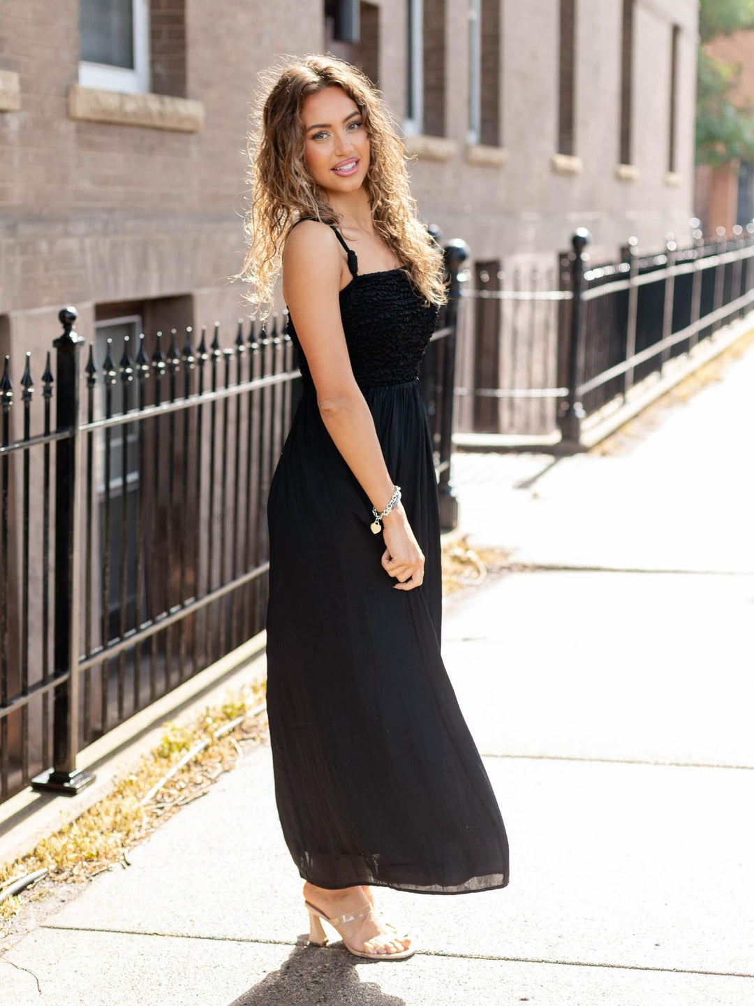 Smocked Cord Strap Detail Maxi Dress