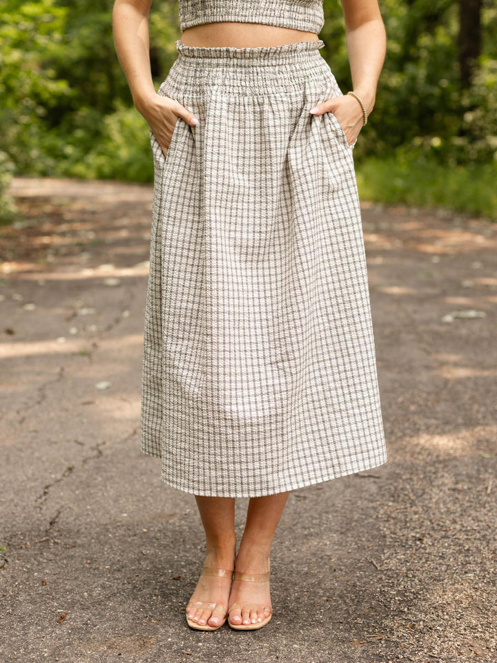 Smocked Waist Stripe Midi Skirt