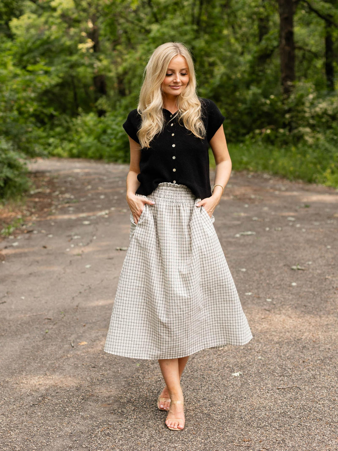 Smocked Waist Stripe Midi Skirt