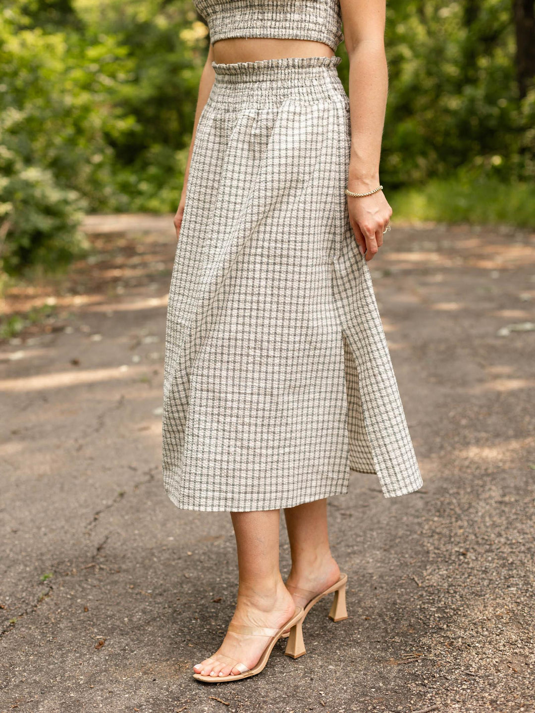 Smocked Waist Stripe Midi Skirt