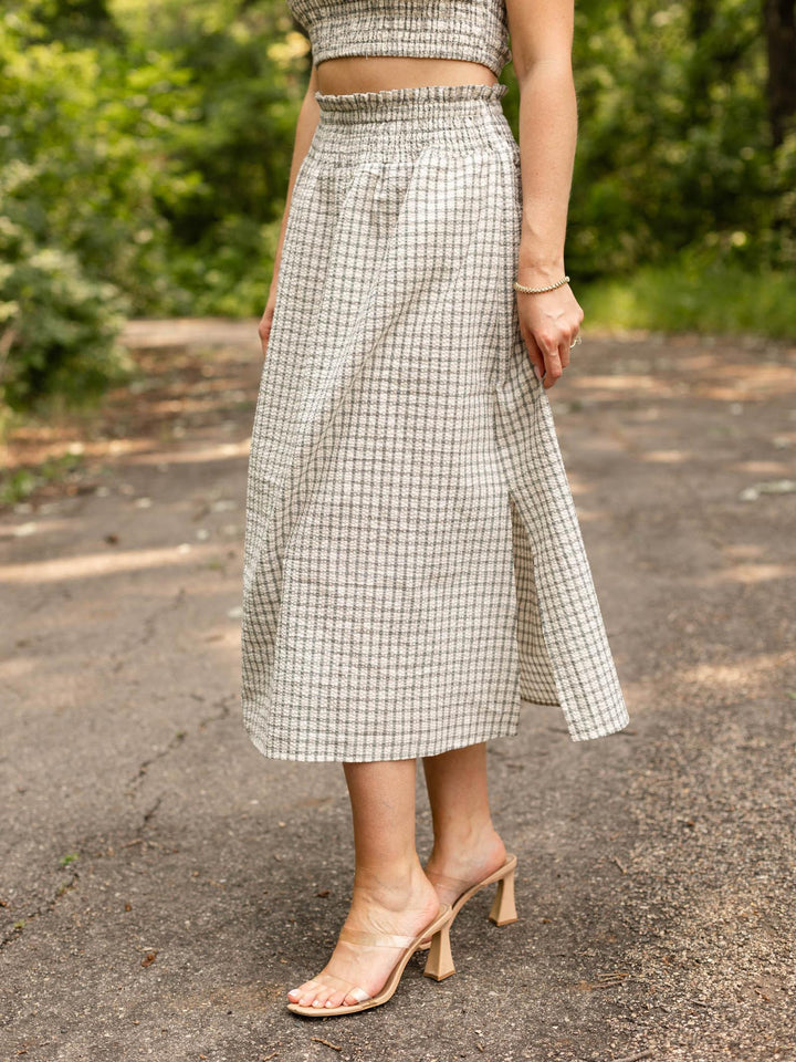 Smocked Waist Stripe Midi Skirt