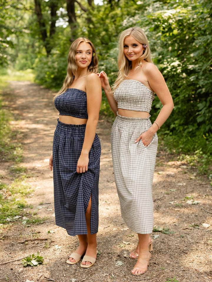 Smocked Waist Stripe Midi Skirt