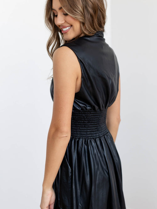 black faux leather zip front midi dress