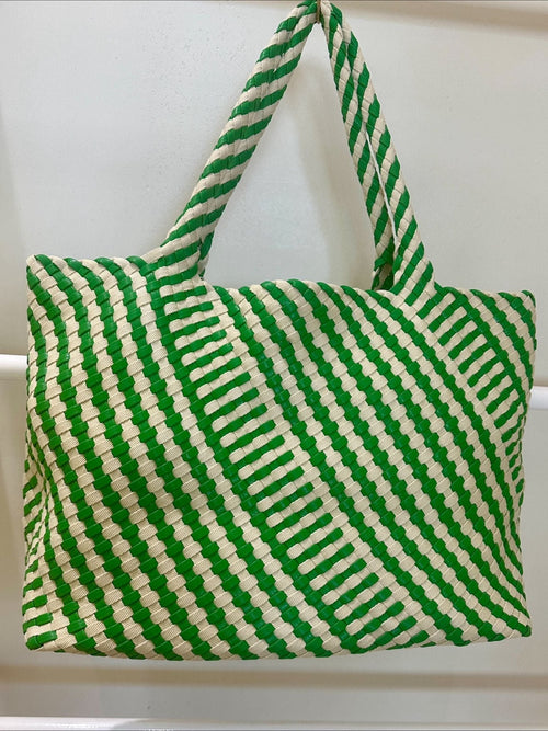 green and cream woven tote