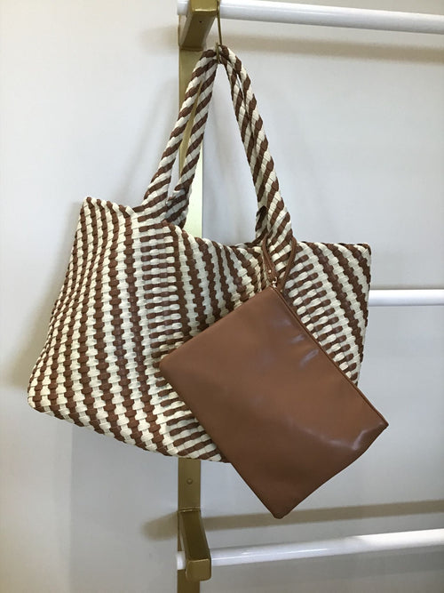 browna and white woven tote