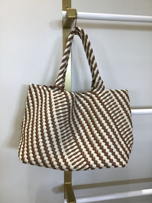 browna and white woven tote