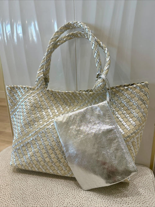 silver and cream woven tote