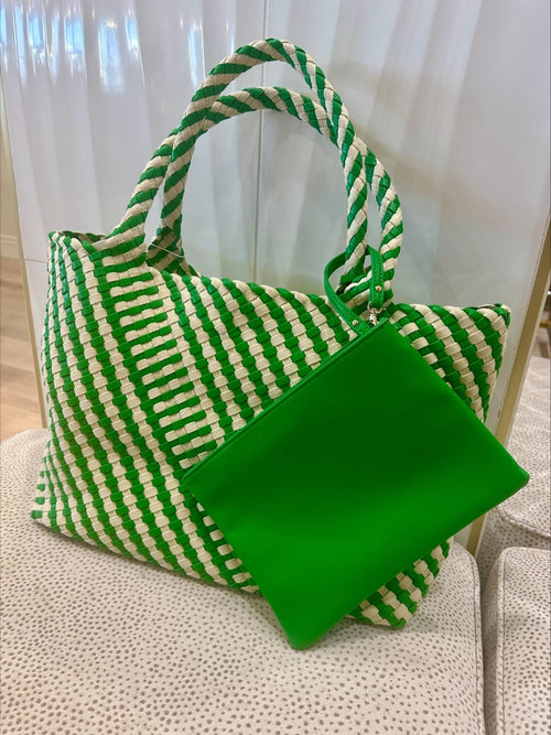 green and cream woven tote