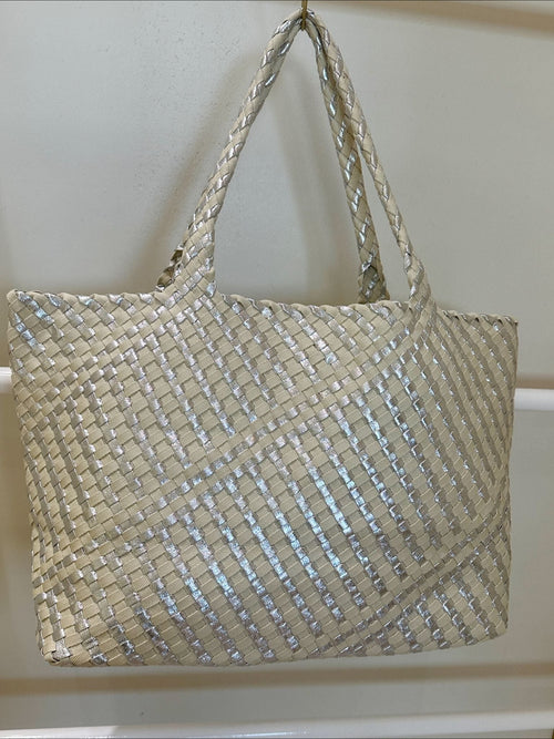 silver and cream woven tote