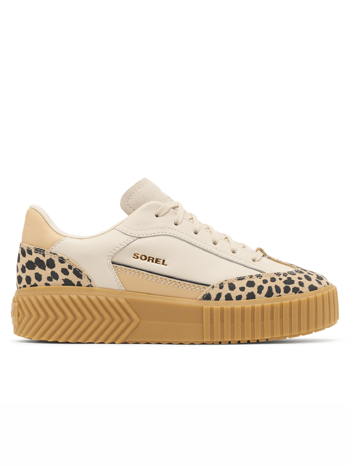 Sorel sneaker with leopard print pattern on a white background