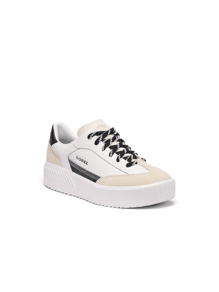 White sneaker with black accents on a white background