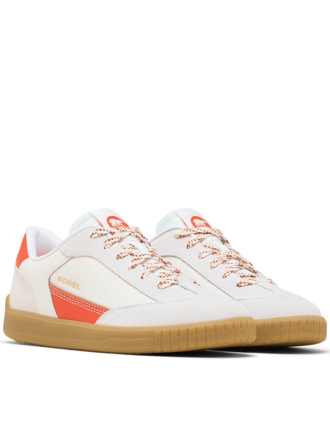 White sneakers with orange accents on a white background