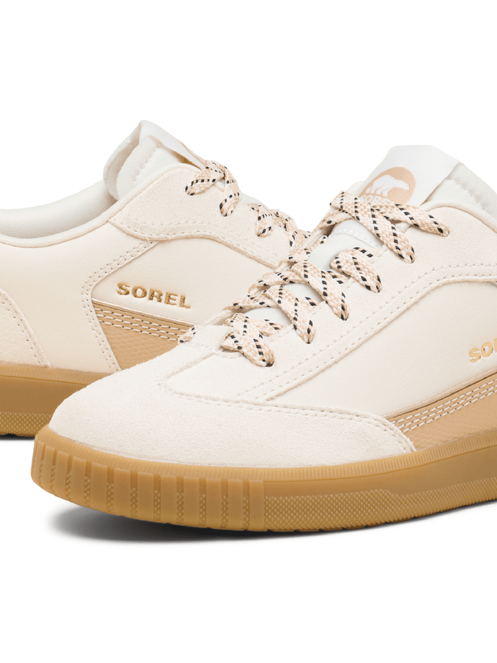 White sneakers with brown soles and visible &