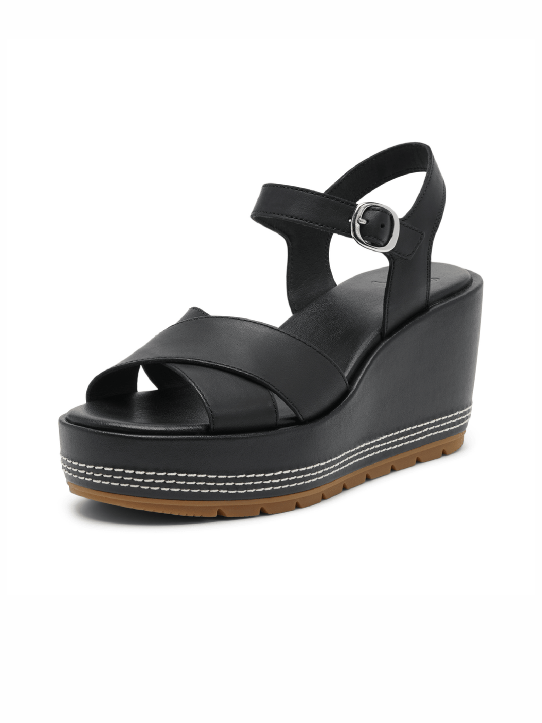 Black wedge sandal with a platform sole on a white background