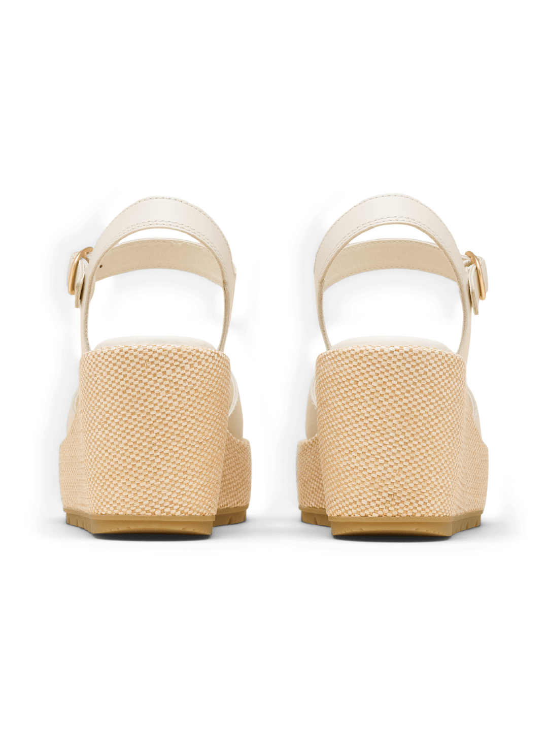 Beige sandals with woven sole on a white background