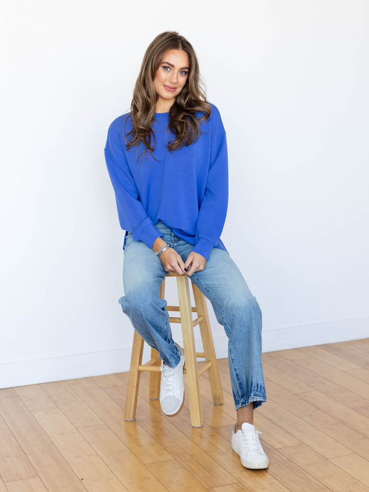 bright blue tunic sweatshirt