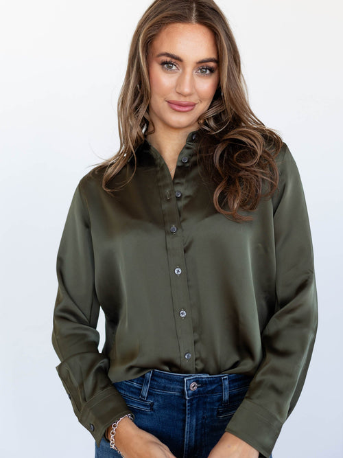dark green satin blouse