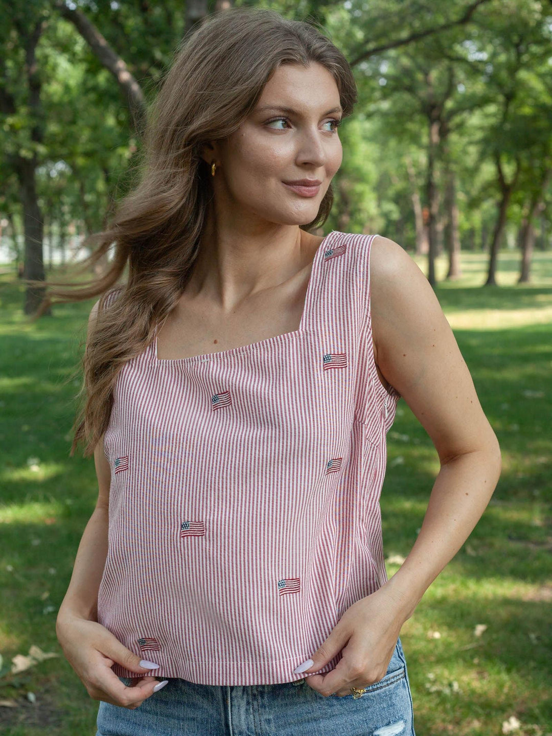 Square Neck Sleeveless Stripe Seersucker Flag Top