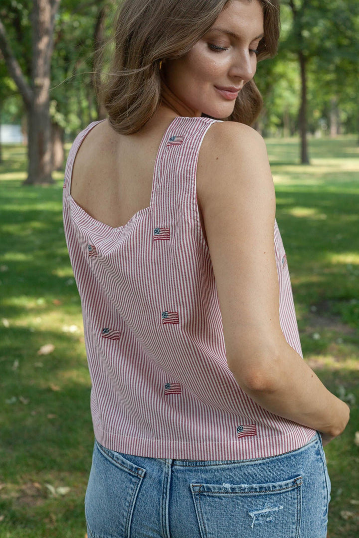 Square Neck Sleeveless Stripe Seersucker Flag Top