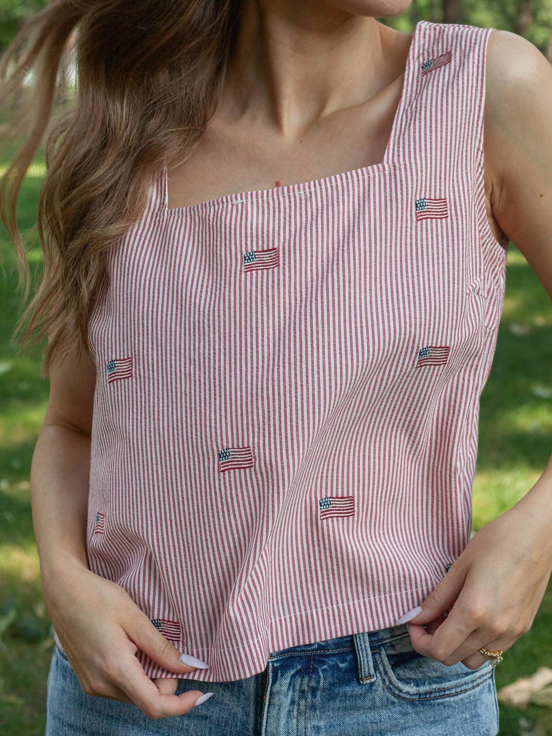 Square Neck Sleeveless Stripe Seersucker Flag Top