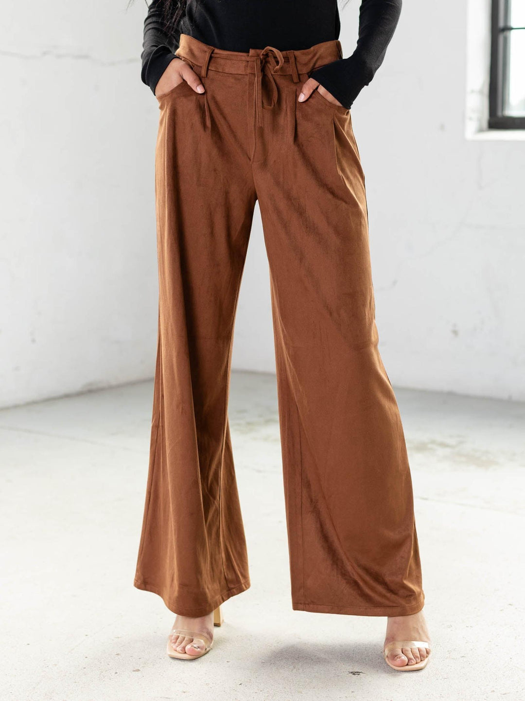 faux suede wide leg trousers