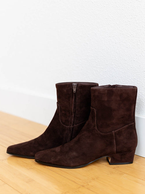 dark brown suede ankle bootie