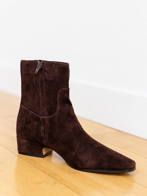dark brown suede ankle bootie