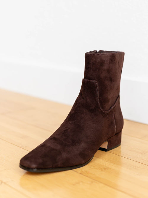 dark brown suede ankle bootie
