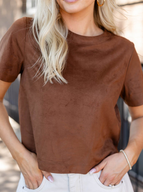 brown faux suede short sleeve top