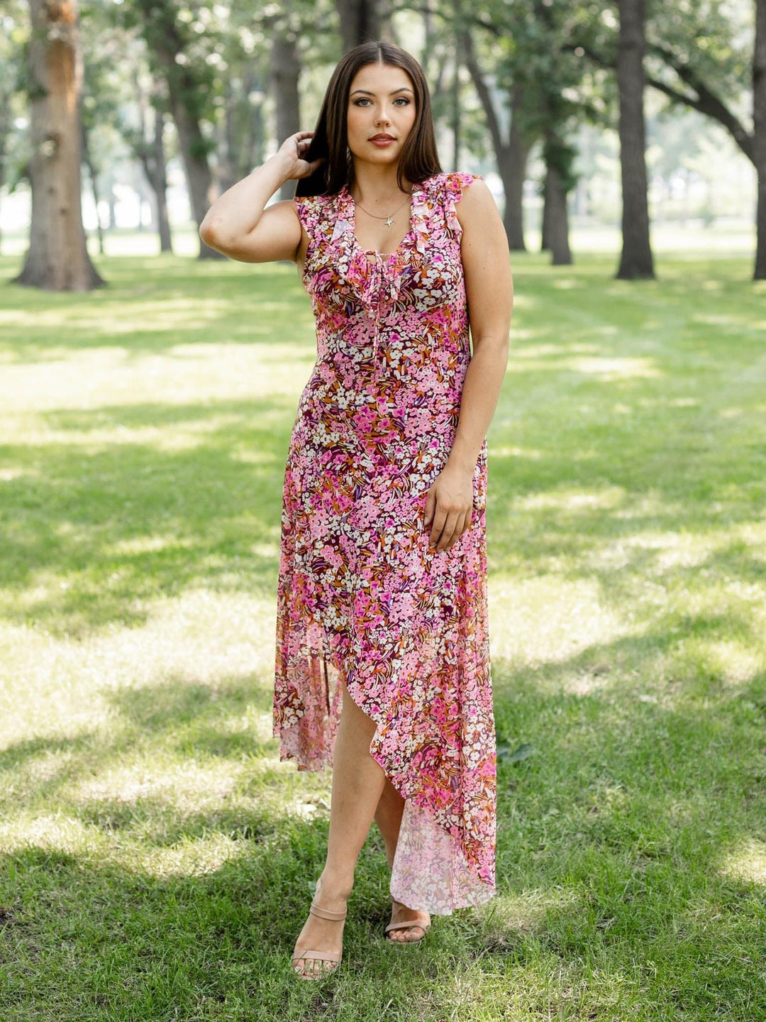 floral print mesh maxi dress