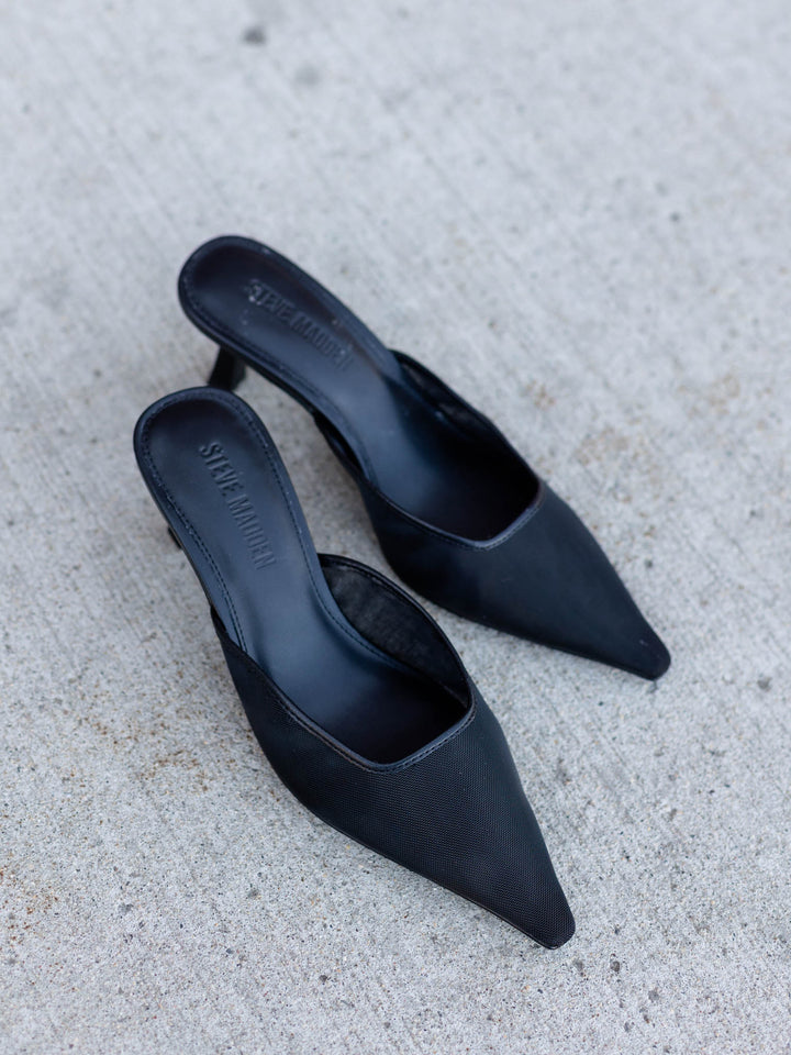 black mesh mule heel