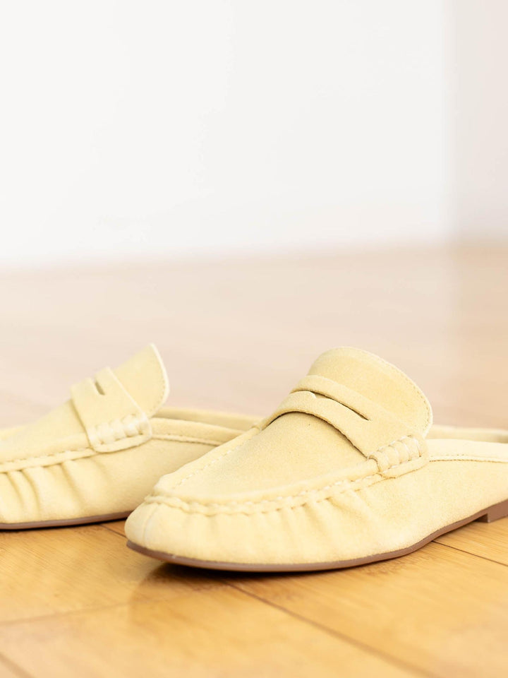 butter yellow suede slide