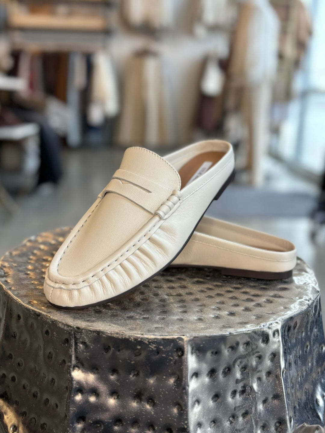 white leather mule loafers