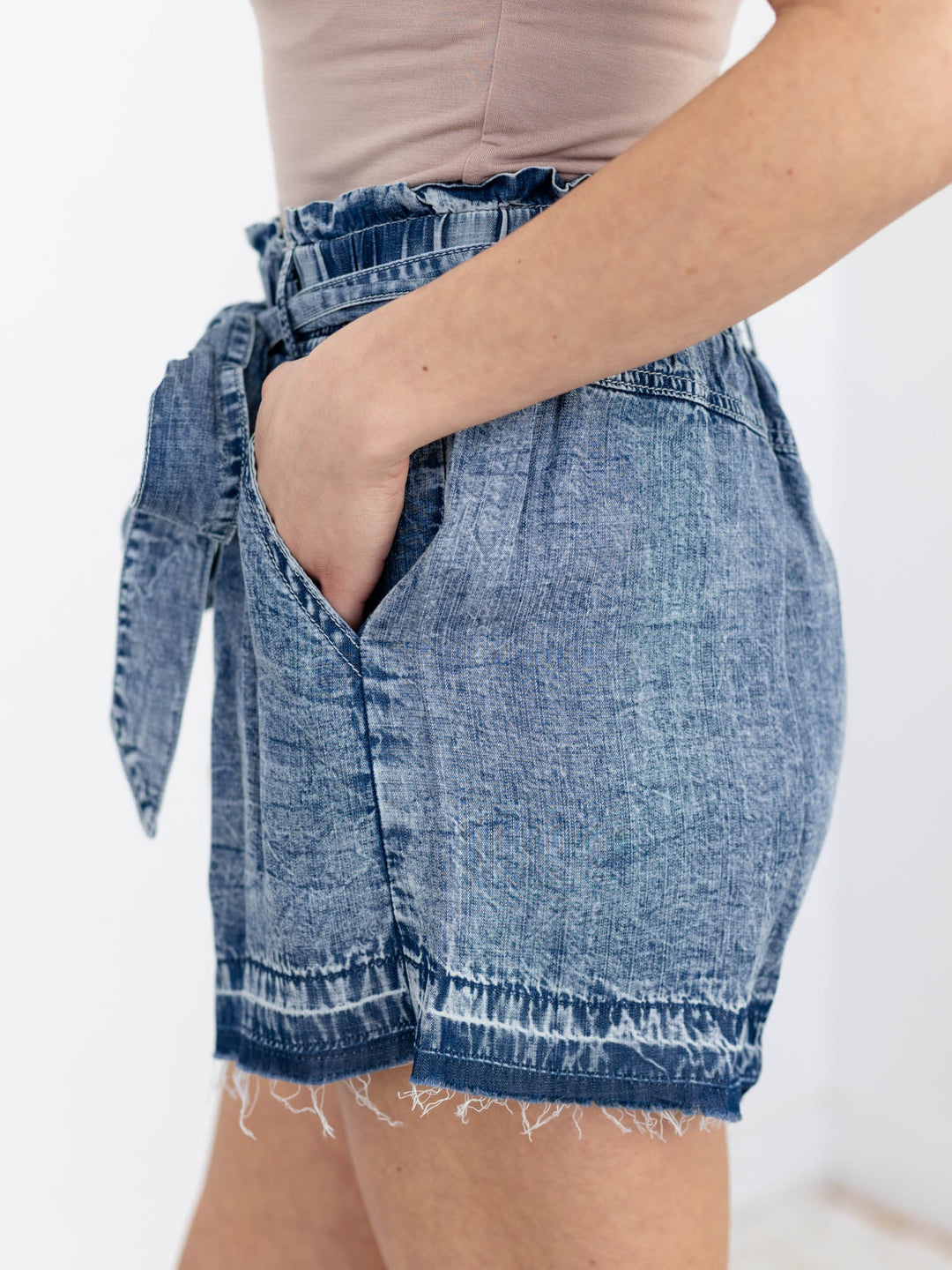 Stone Washed Tie Waist ShortNon-Denim Shorts/Skirts