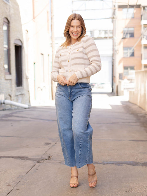 neutral two gone gold button cardigan sweater