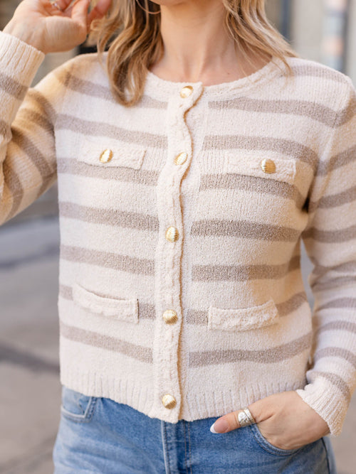 neutral two gone gold button cardigan sweater